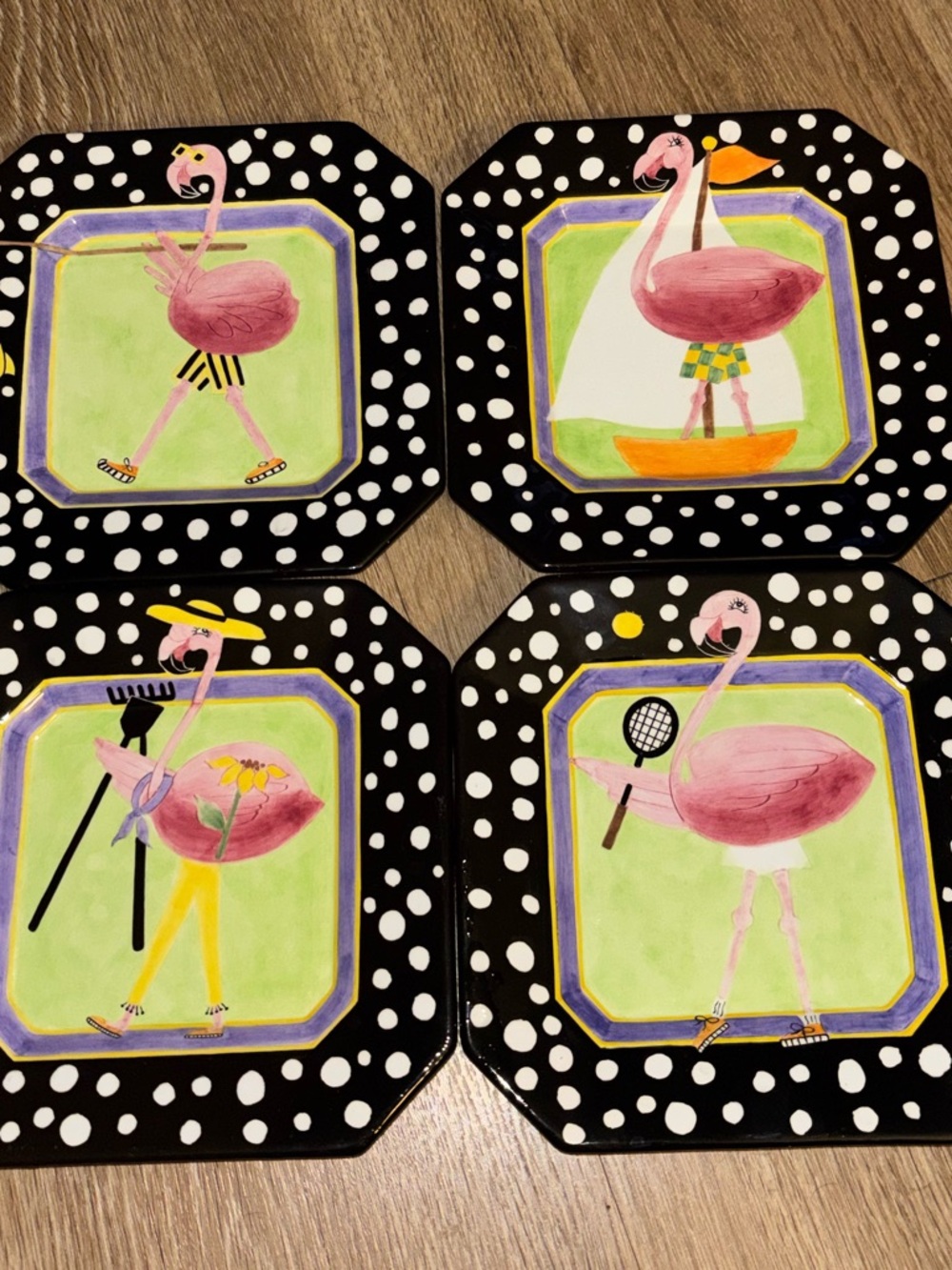 Lotus Funky Flamingo Dessert Plates Set of 4 Black Polka Dot Octagon A157